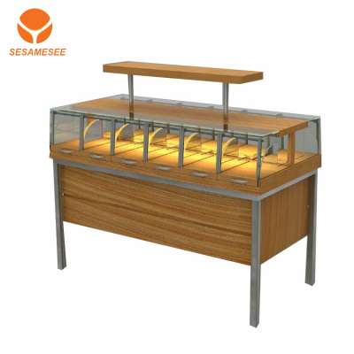 Customized wooden glass bread display showcase rack shelf counter cabinet for bakery